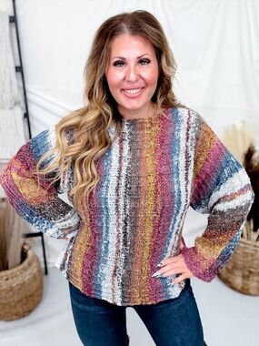 ADORA Multicolor Striped Cozy Knit Sweater Vertical Striped Boat Neck NWT
